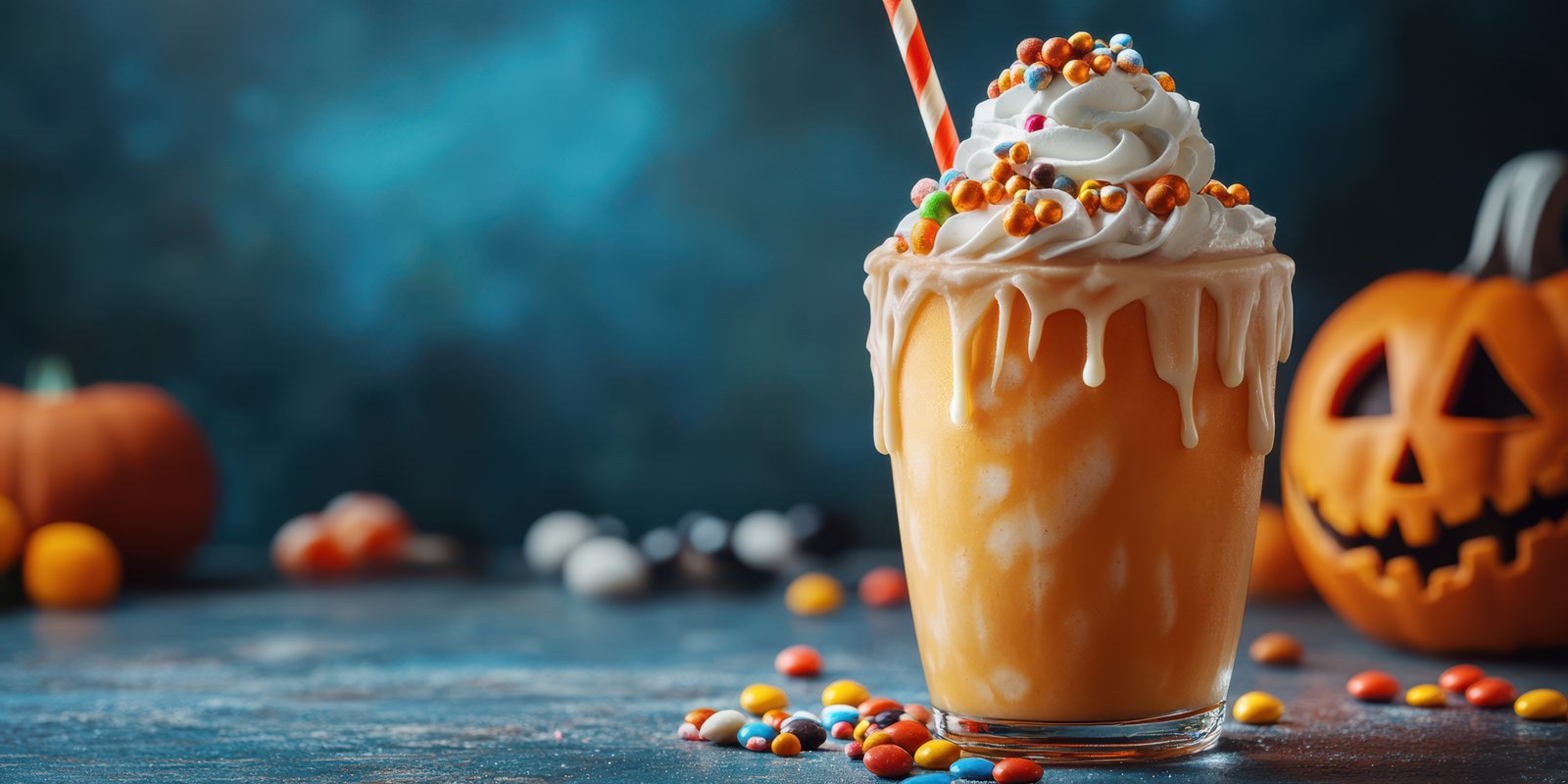 Festive Halloween milkshake with whipped cream and candy decorations on a table